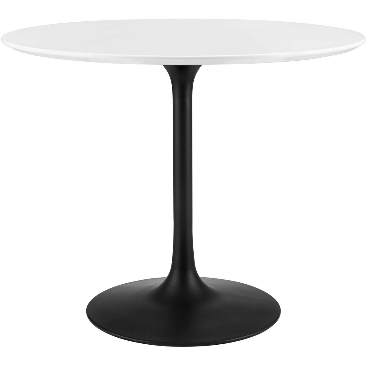 Compact round dining table with glossy white top and sleek matte black pedestal base || EEI-3511-BLK-WHI || front_studio
