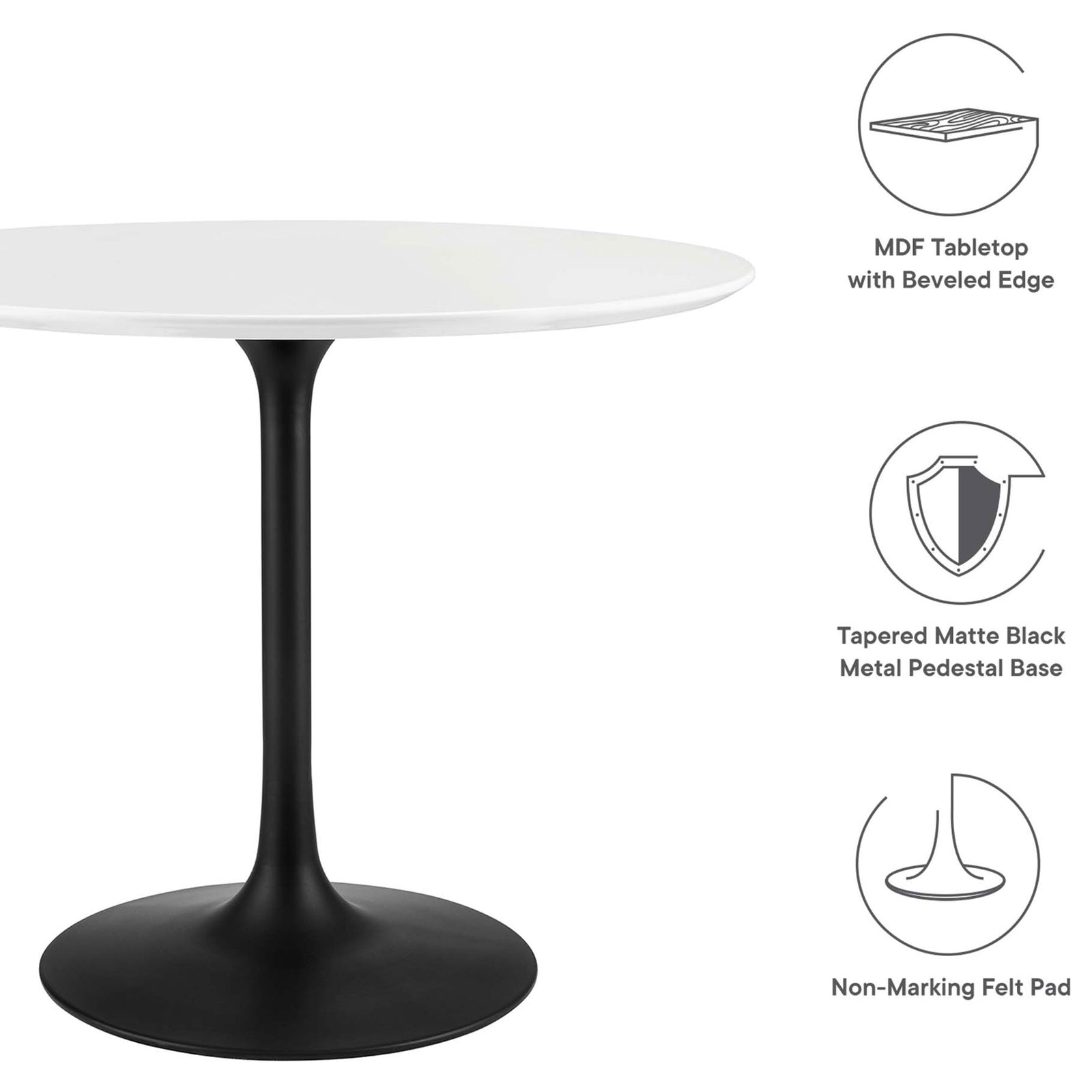 Round dining table with beveled MDF top, matte black pedestal base, and floor-saving felt pad icons || EEI-3511-BLK-WHI || callout_studio