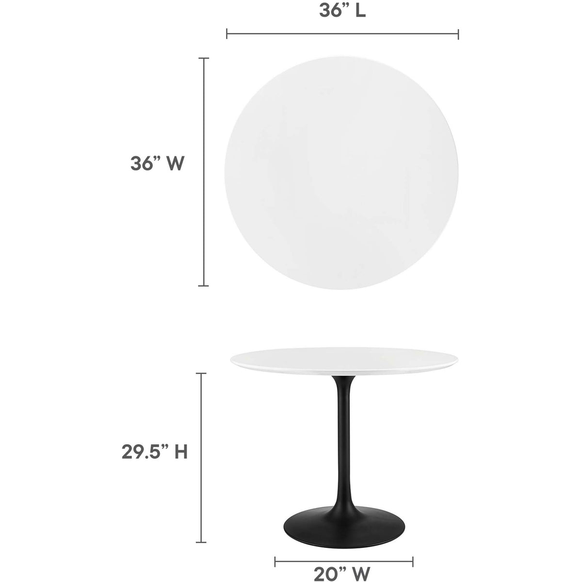 Measurement view of compact Lippa table showing 36 inch round top, height, and pedestal base width || EEI-3511-BLK-WHI || dimension_studio