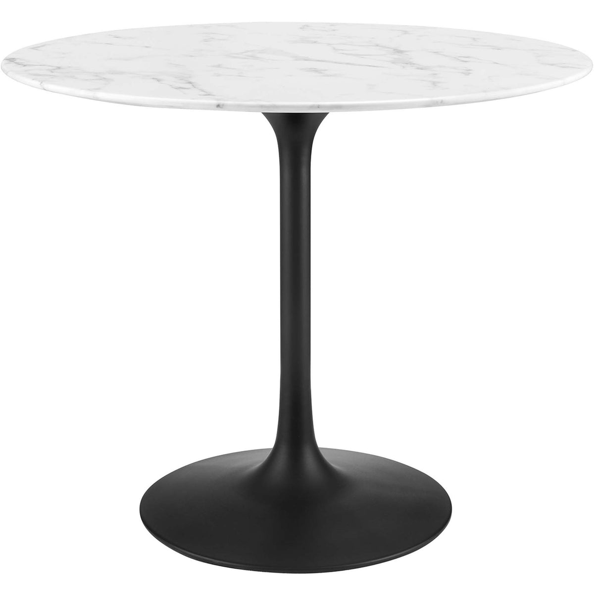 Compact 36 inch round faux marble pedestal dining table with sleek black base || EEI-3516-BLK-WHI || front_angle_studio