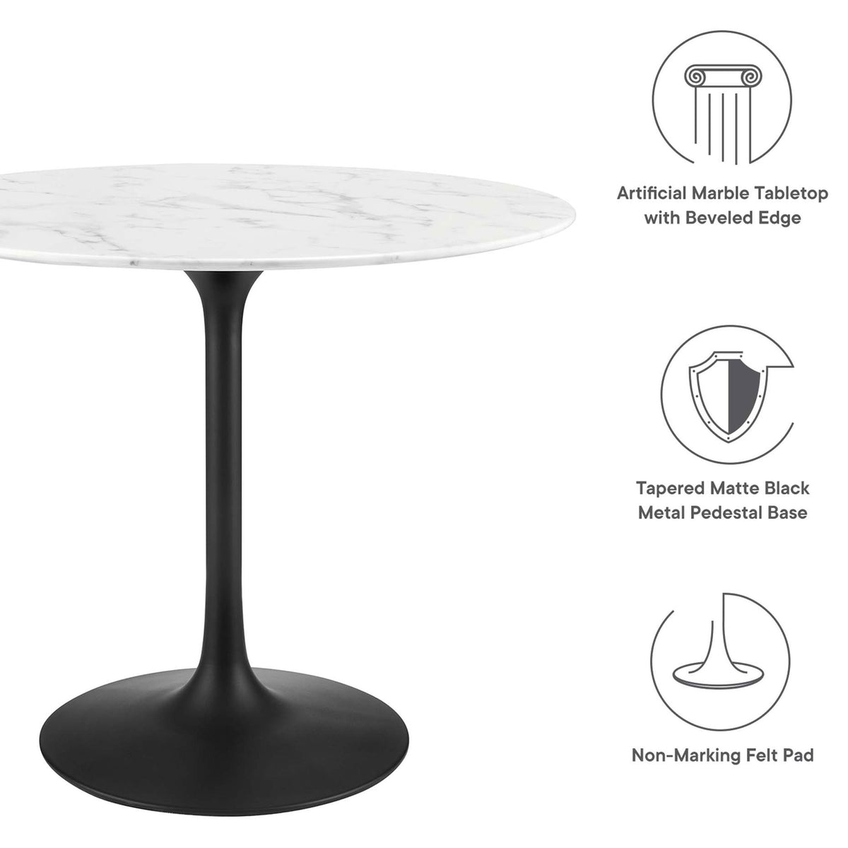 Features artificial marble top, tapered black pedestal base, and non marking felt pad icons || EEI-3516-BLK-WHI || callout_studio