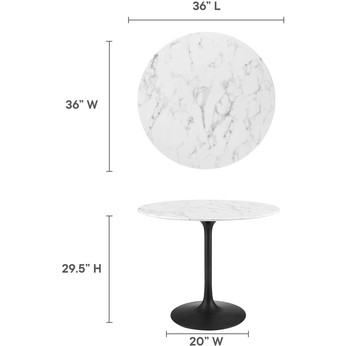 Size diagram showing overall height, tabletop diameter, and base width for the 36 inch table || EEI-3516-BLK-WHI || dimension_studio