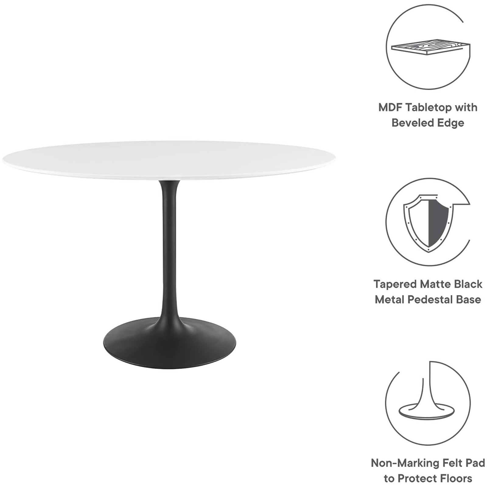 Feature graphic highlighting MDF beveled tabletop, matte black pedestal base, and floor-safe felt pad || EEI-3517-BLK-WHI || callout_studio