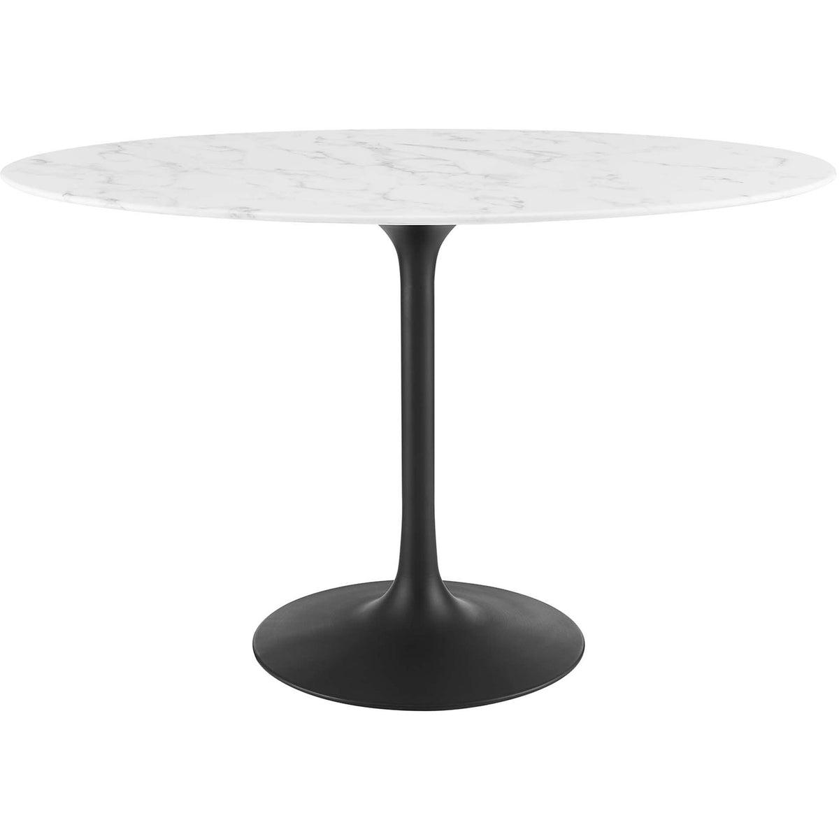 48 inch oval faux marble dining table with smooth white top and black pedestal base || EEI-3518-BLK-WHI || front_studio