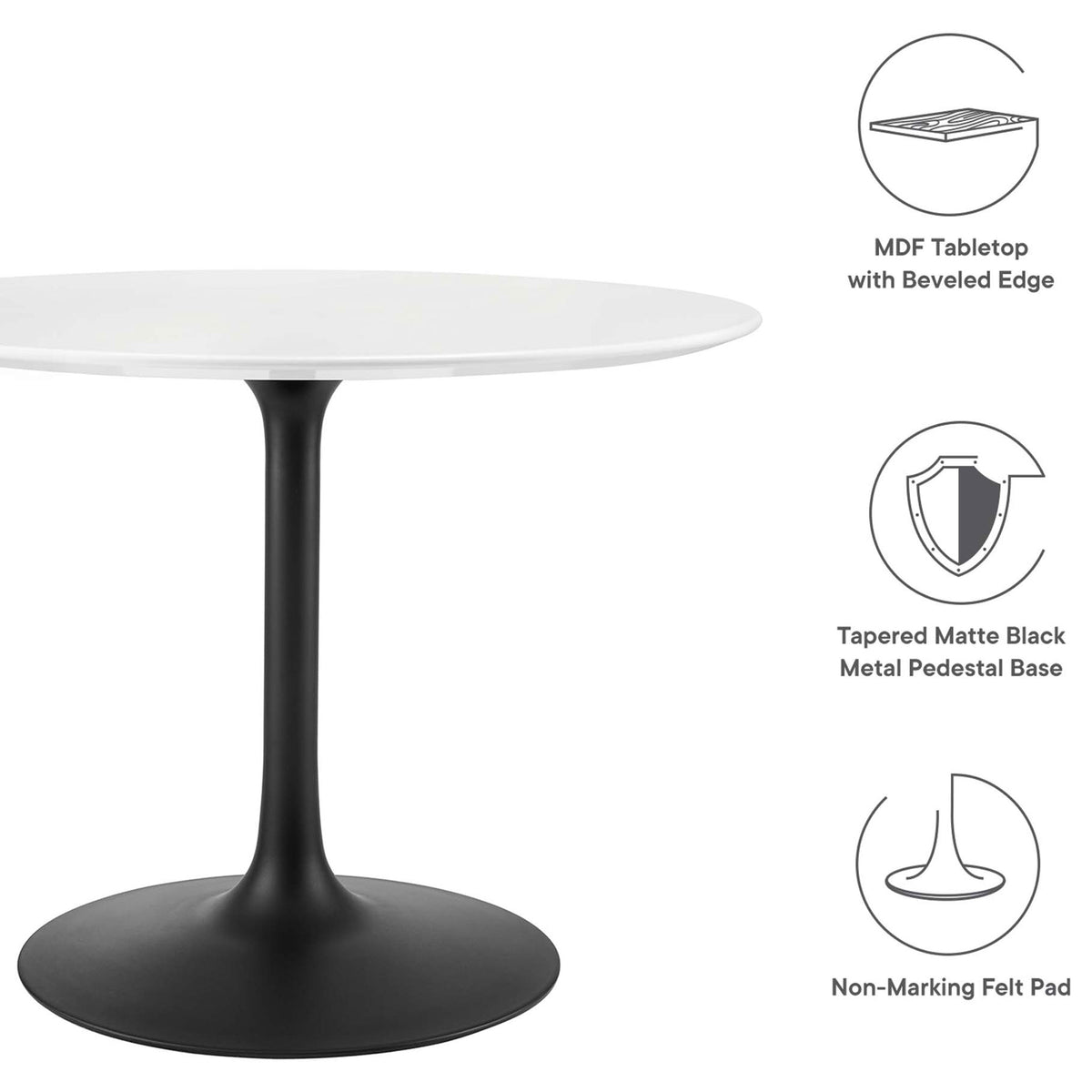 Feature graphic highlighting beveled MDF top, tapered pedestal base, and non-marking floor pad || EEI-3521-BLK-WHI || callout_studio