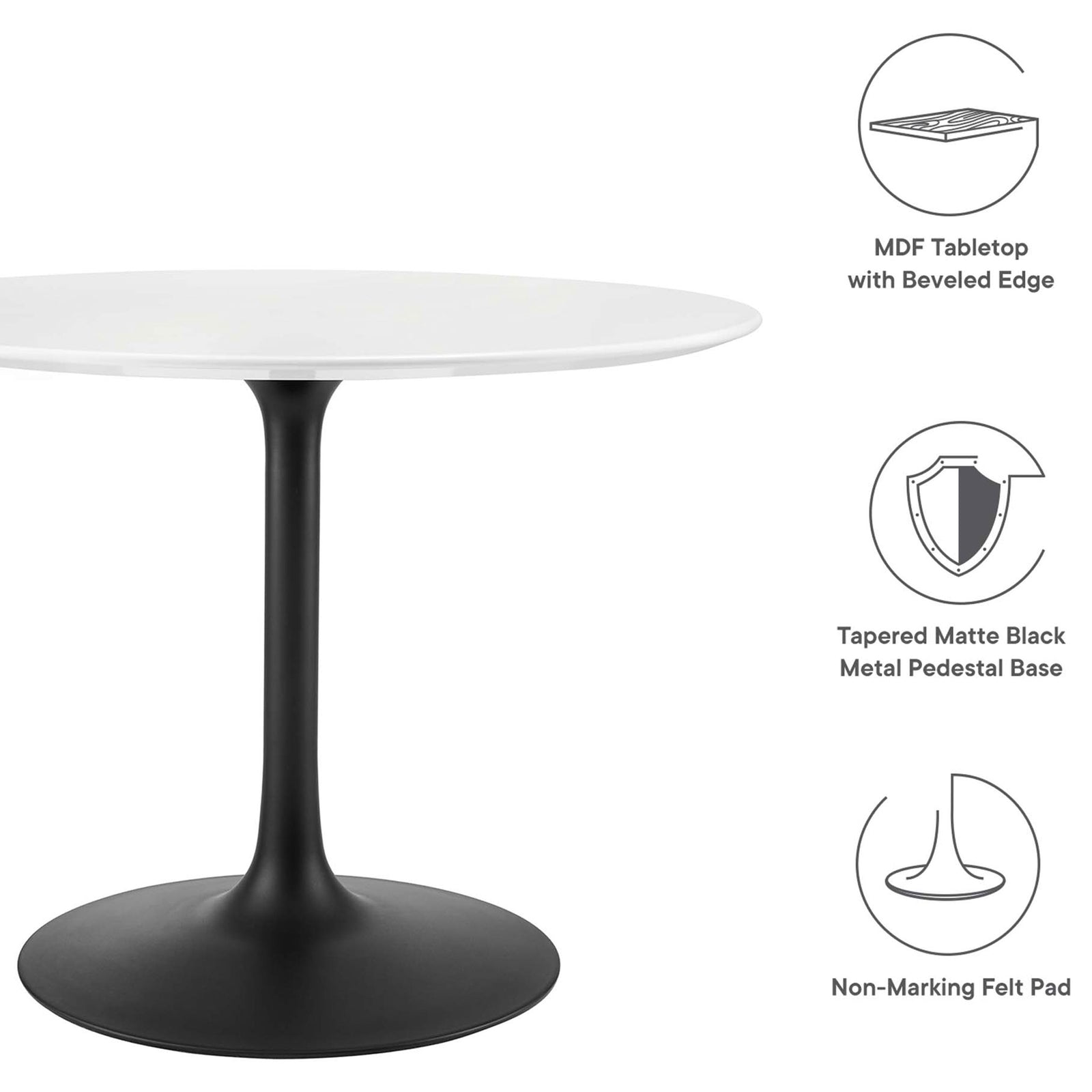 Feature graphic highlighting beveled MDF top, tapered pedestal base, and non-marking floor pad || EEI-3521-BLK-WHI || callout_studio