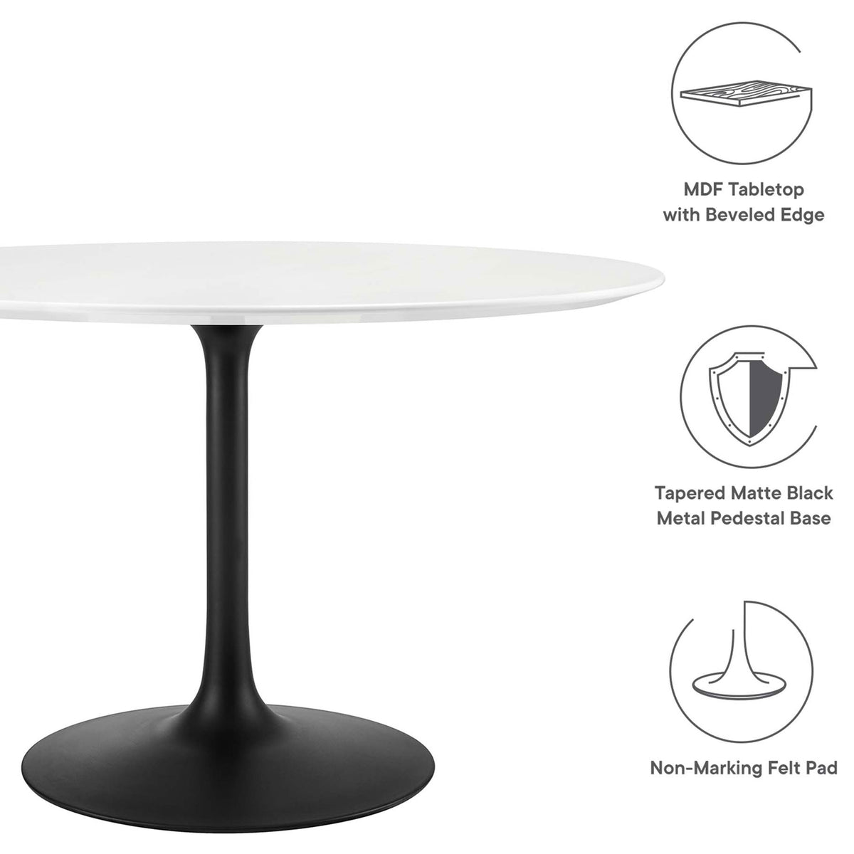 Feature overview detailing MDF tabletop, powder-coated pedestal base, and protective felt pad || EEI-3522-BLK-WHI || callout_studio