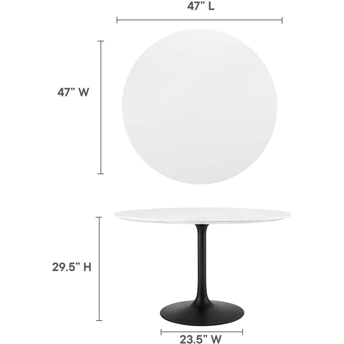 Size guide for generous round dining table showing 47 inch diameter, height, and base width || EEI-3522-BLK-WHI || dimension_studio
