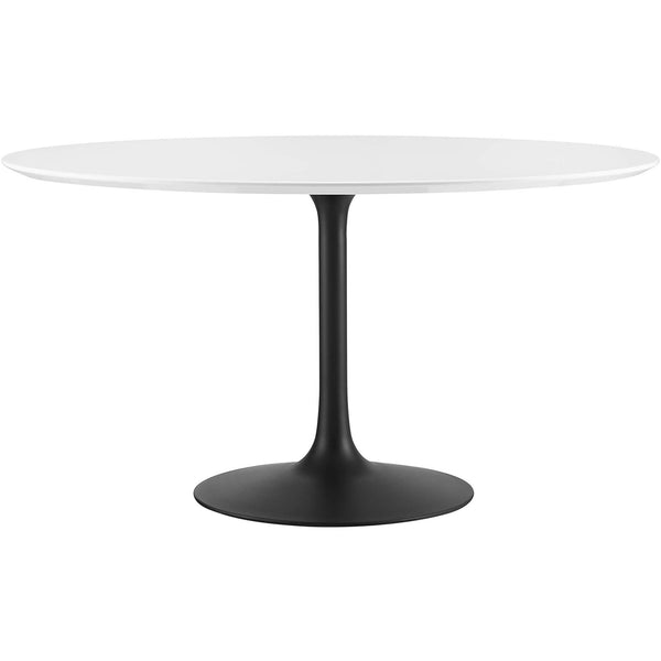 Generous round dining table with glossy white top and black pedestal base for four guests || EEI-3523-BLK-WHI || front_studio