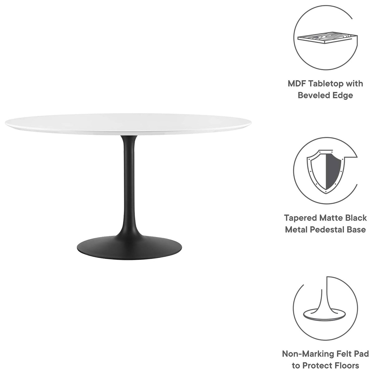 Graphic callouts showcase the MDF top, sleek pedestal base, and non-marking felt protection || EEI-3523-BLK-WHI || callout_studio