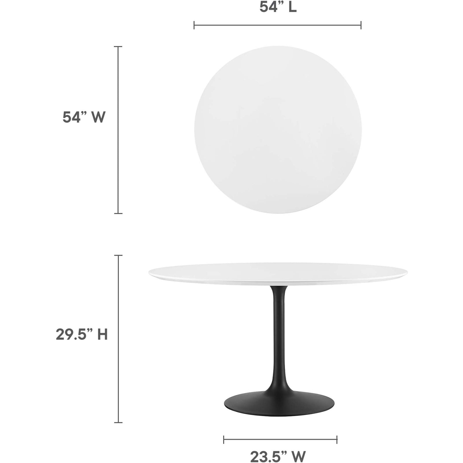 Dimension graphic for 54 inch round dining table highlighting diameter, height, and base width || EEI-3523-BLK-WHI || dimension_studio