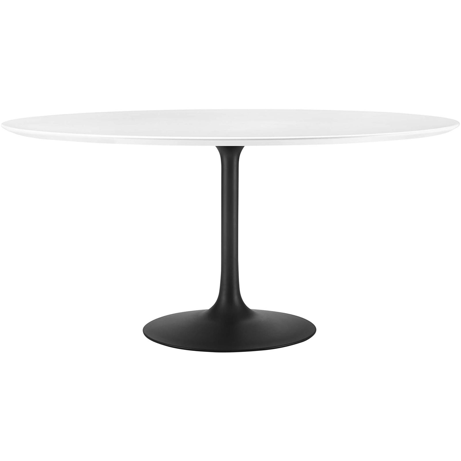 Compact round dining table with glossy white top and sleek matte black pedestal base || EEI-3511-BLK-WHI || front_studio