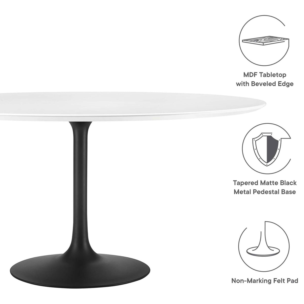 Feature icons emphasize the beveled MDF top, powder-coated pedestal base, and felt floor pad || EEI-3524-BLK-WHI || callout_studio