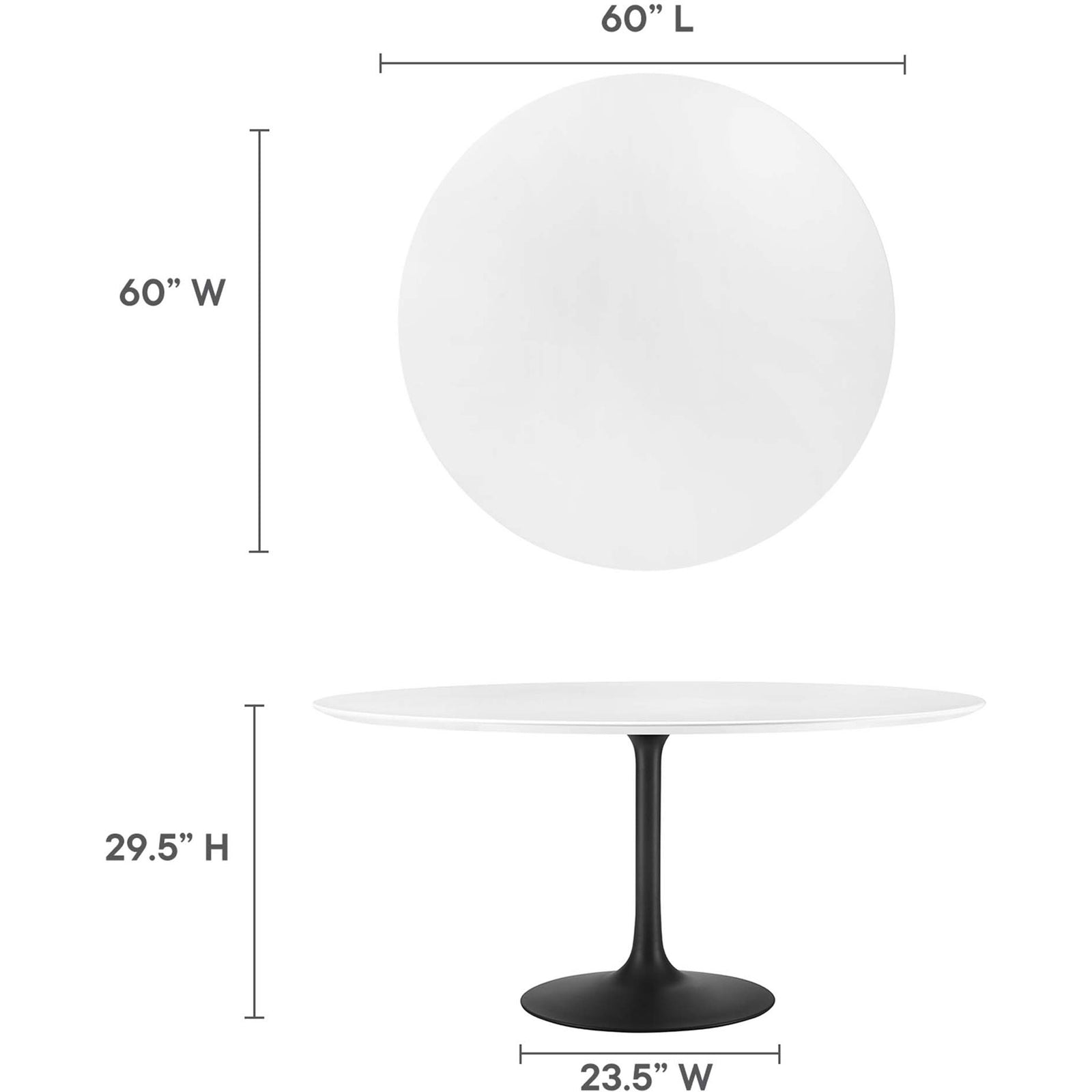 Measurement graphic for 60 inch round dining table outlining diameter, height, and base width || EEI-3524-BLK-WHI || dimension_studio