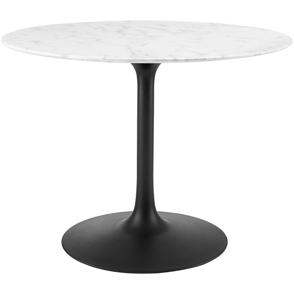 40 inch round faux marble pedestal dining table with slim black tulip base for modern interiors || EEI-3526-BLK-WHI || front_angle_studio