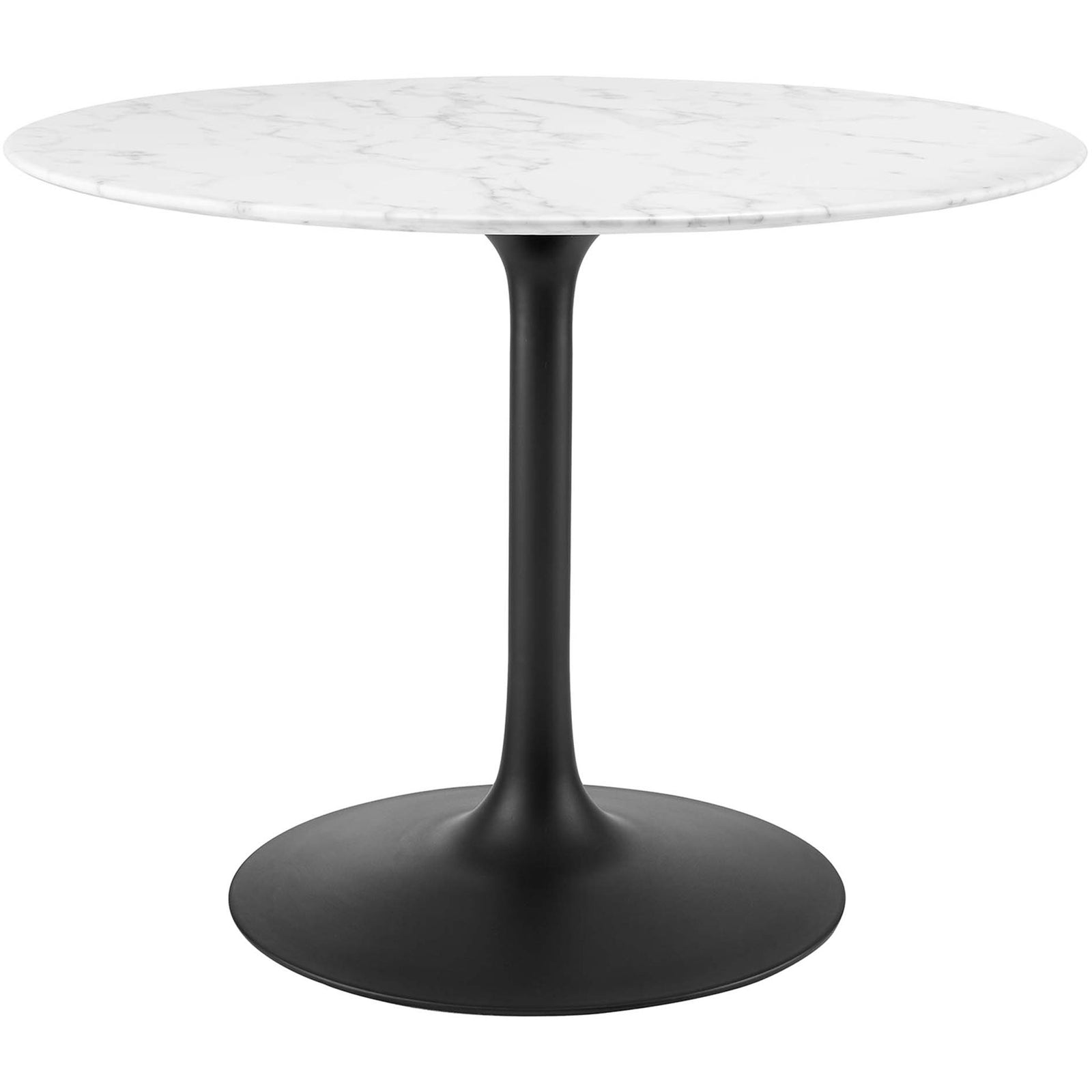 40 inch round faux marble pedestal dining table with slim black tulip base for modern interiors || EEI-3526-BLK-WHI || front_angle_studio