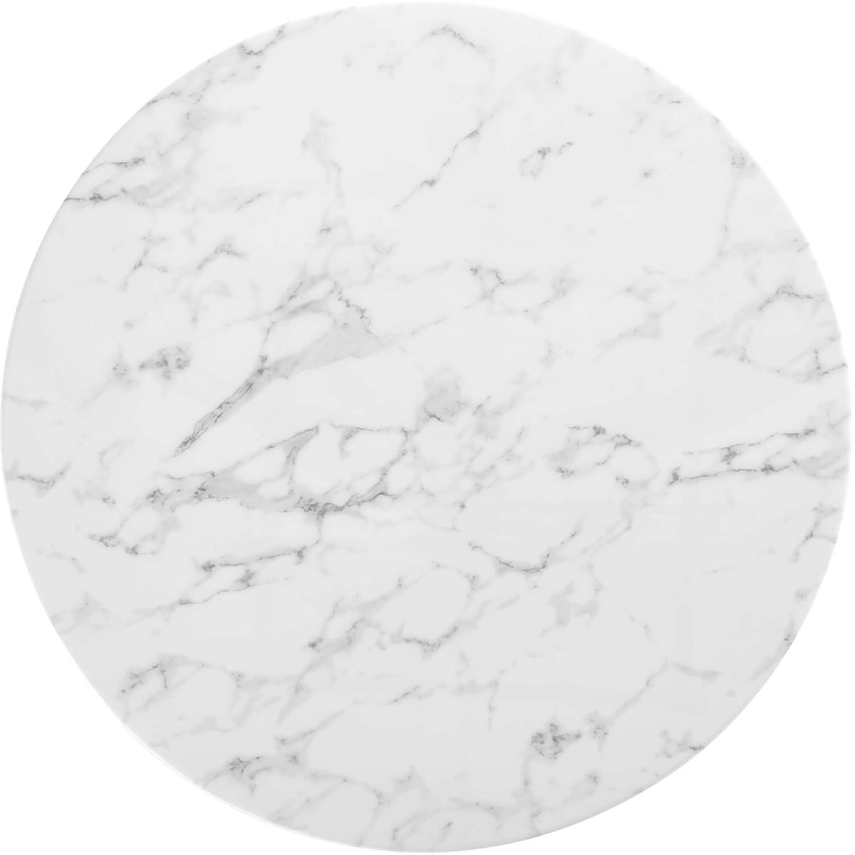 Spacious round artificial marble tabletop with gray veining and polished white surface || EEI-3526-BLK-WHI || top_studio