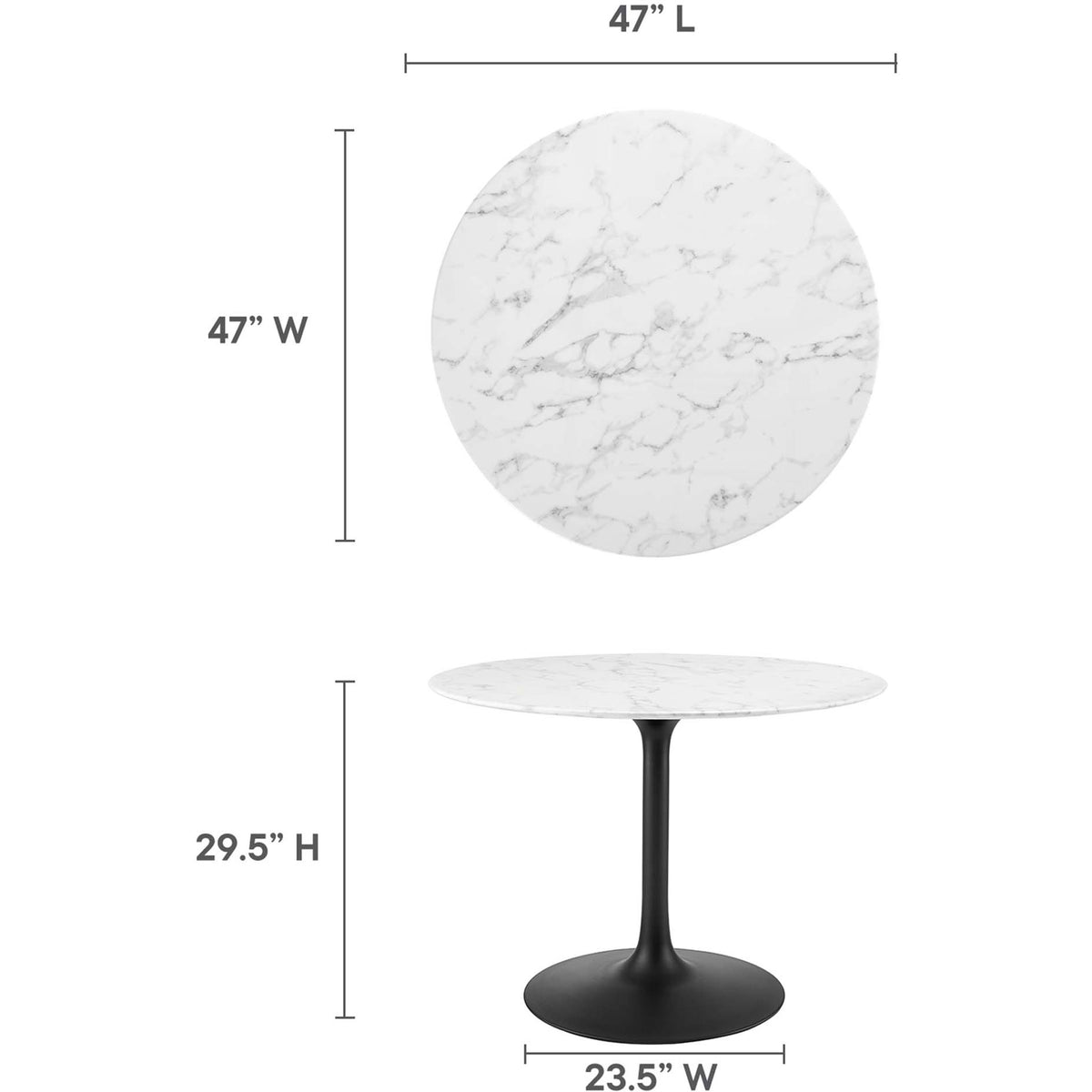 Dimension graphic displaying height, diameter, and base width of the 40 inch round dining table || EEI-3526-BLK-WHI || dimension_studio
