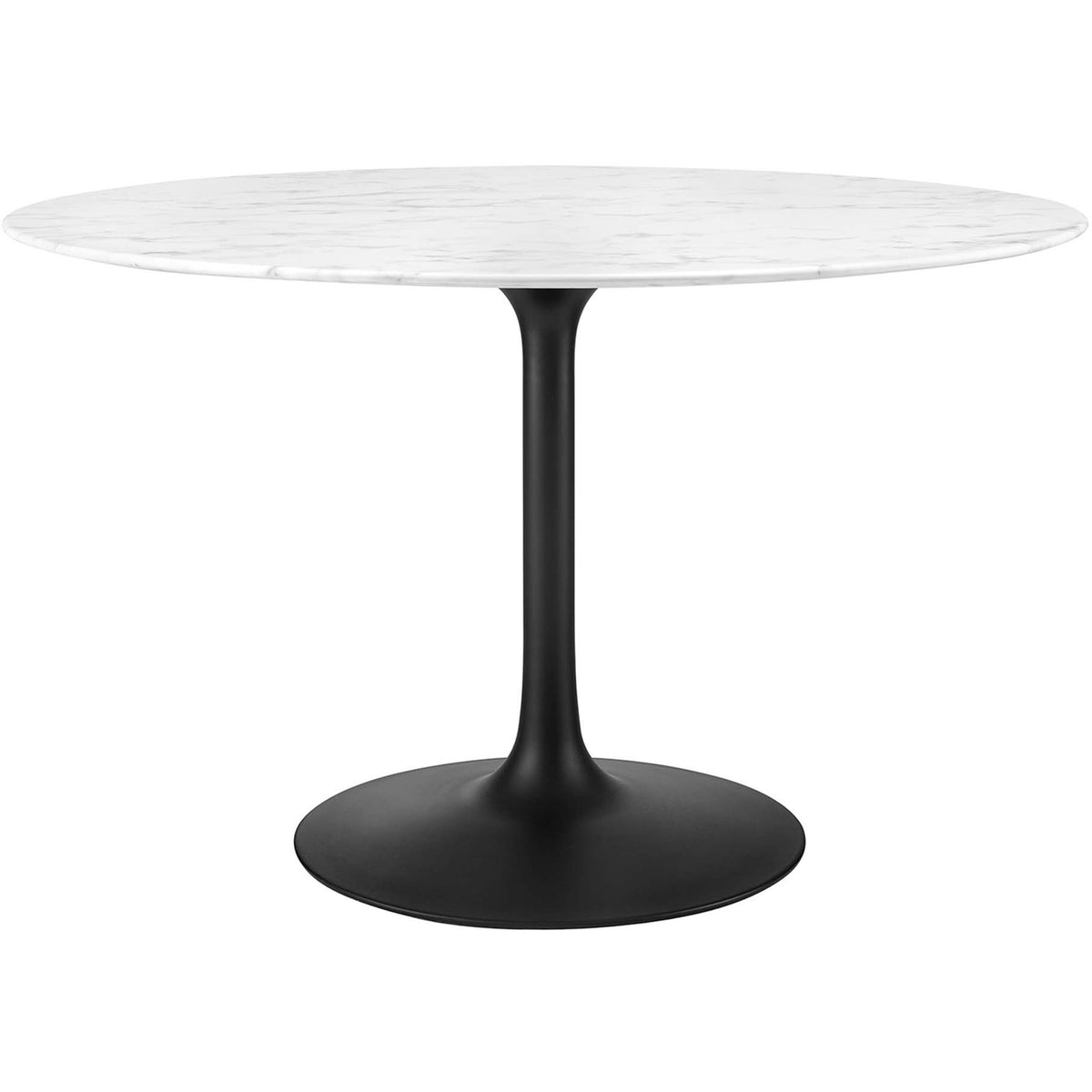 48 inch round faux marble pedestal dining table with slim black base for four person dining || EEI-3527-BLK-WHI || front_angle_studio