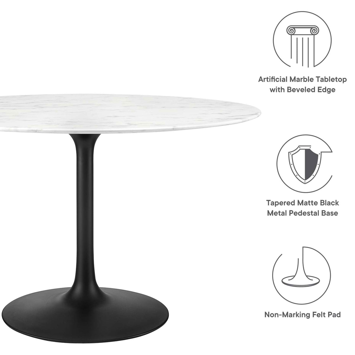 Feature graphic showing marble look top, tapered pedestal base, and protective felt pad || EEI-3527-BLK-WHI || callout_studio