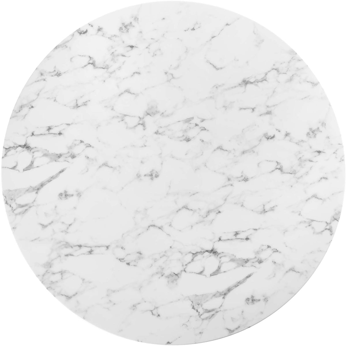 Expansive round artificial marble tabletop with refined gray veining across a white surface || EEI-3528-BLK-WHI || top_studio