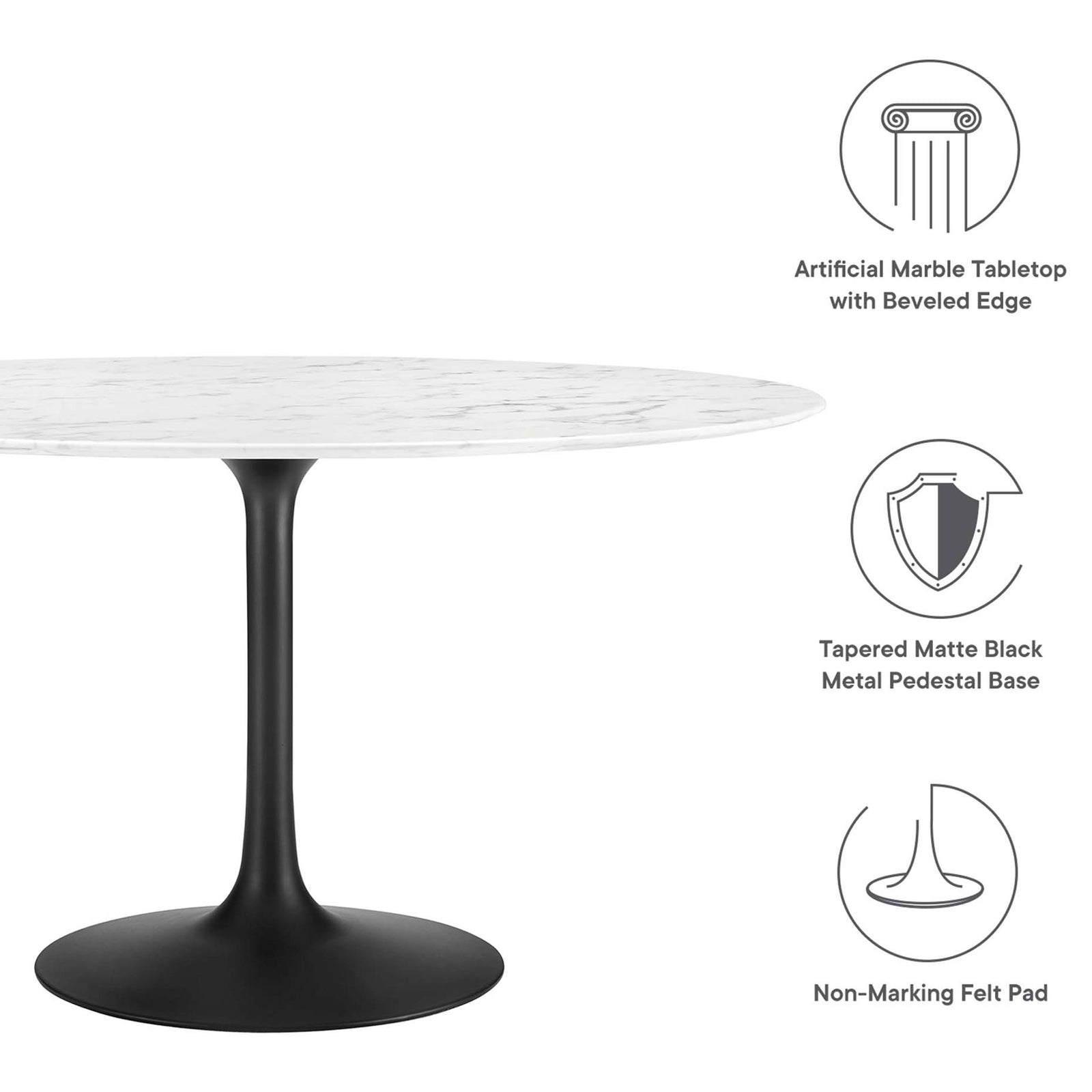 Graphic callouts for beveled marble look top, matte black pedestal base, and non marking pad || EEI-3528-BLK-WHI || callout_studio
