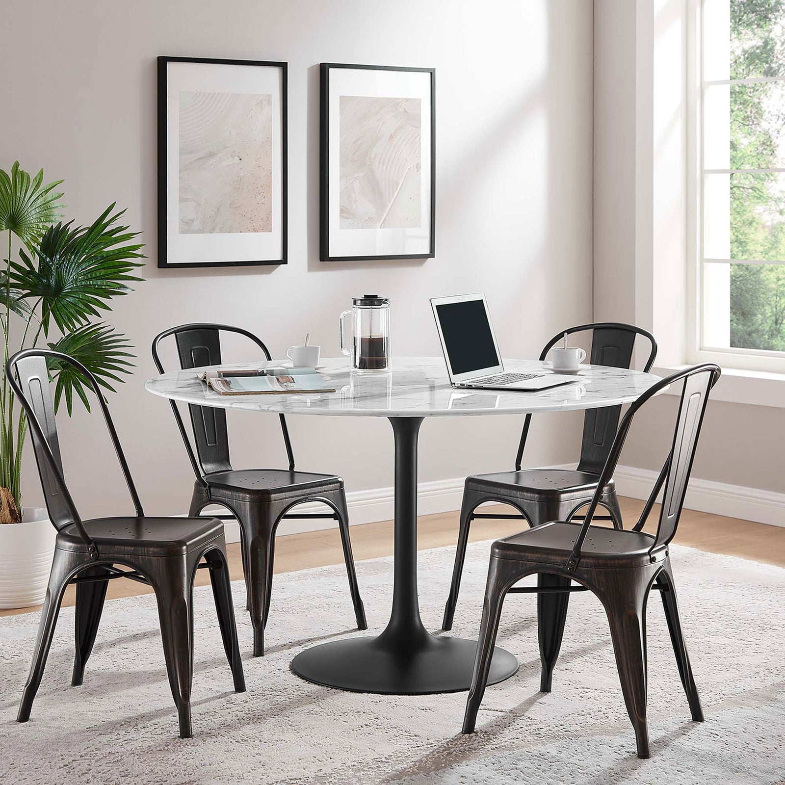 54 inch faux marble dining table paired with four industrial metal chairs in a bright airy room || EEI-3528-BLK-WHI || front_angle_room