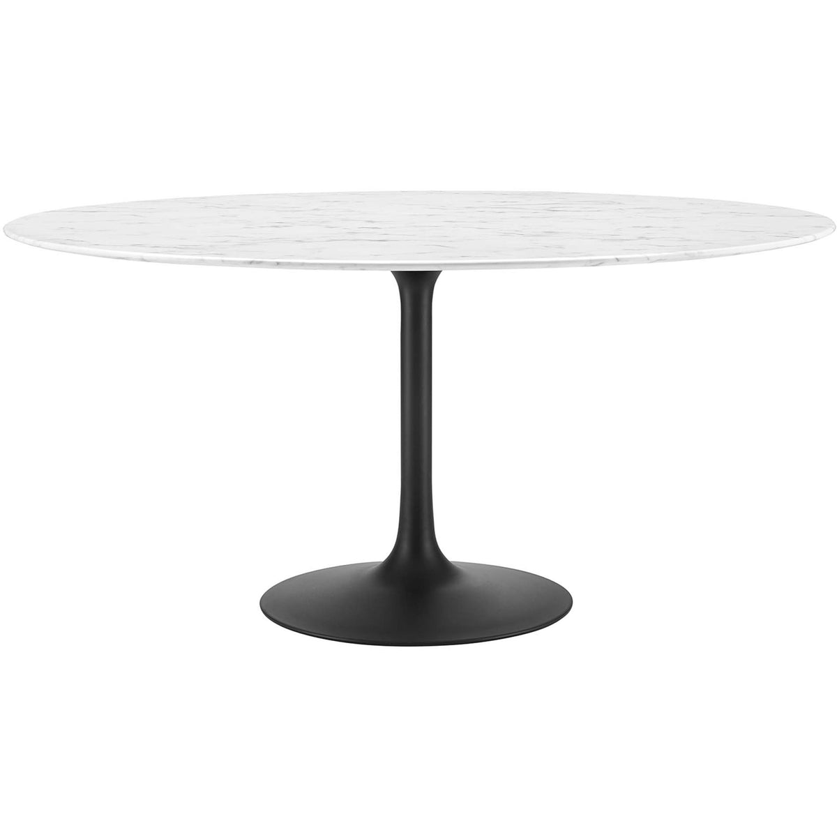 Compact 36 inch round faux marble pedestal dining table with sleek black base || EEI-3516-BLK-WHI || front_angle_studio