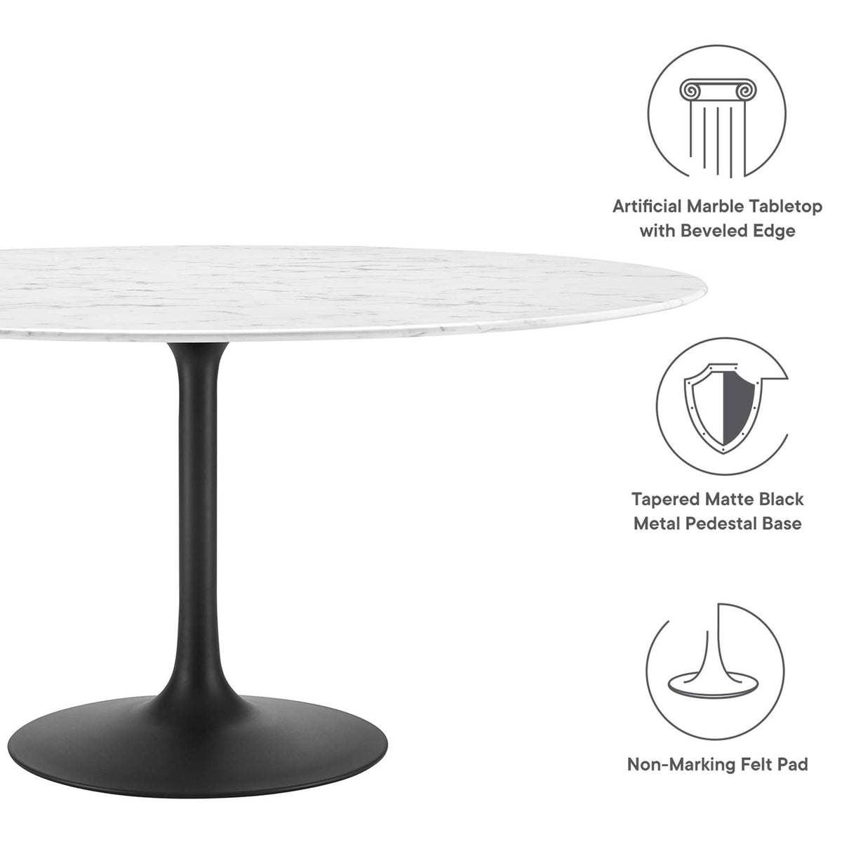 Feature graphic noting marble look top, tapered pedestal base, and non marking felt pad || EEI-3529-BLK-WHI || callout_studio