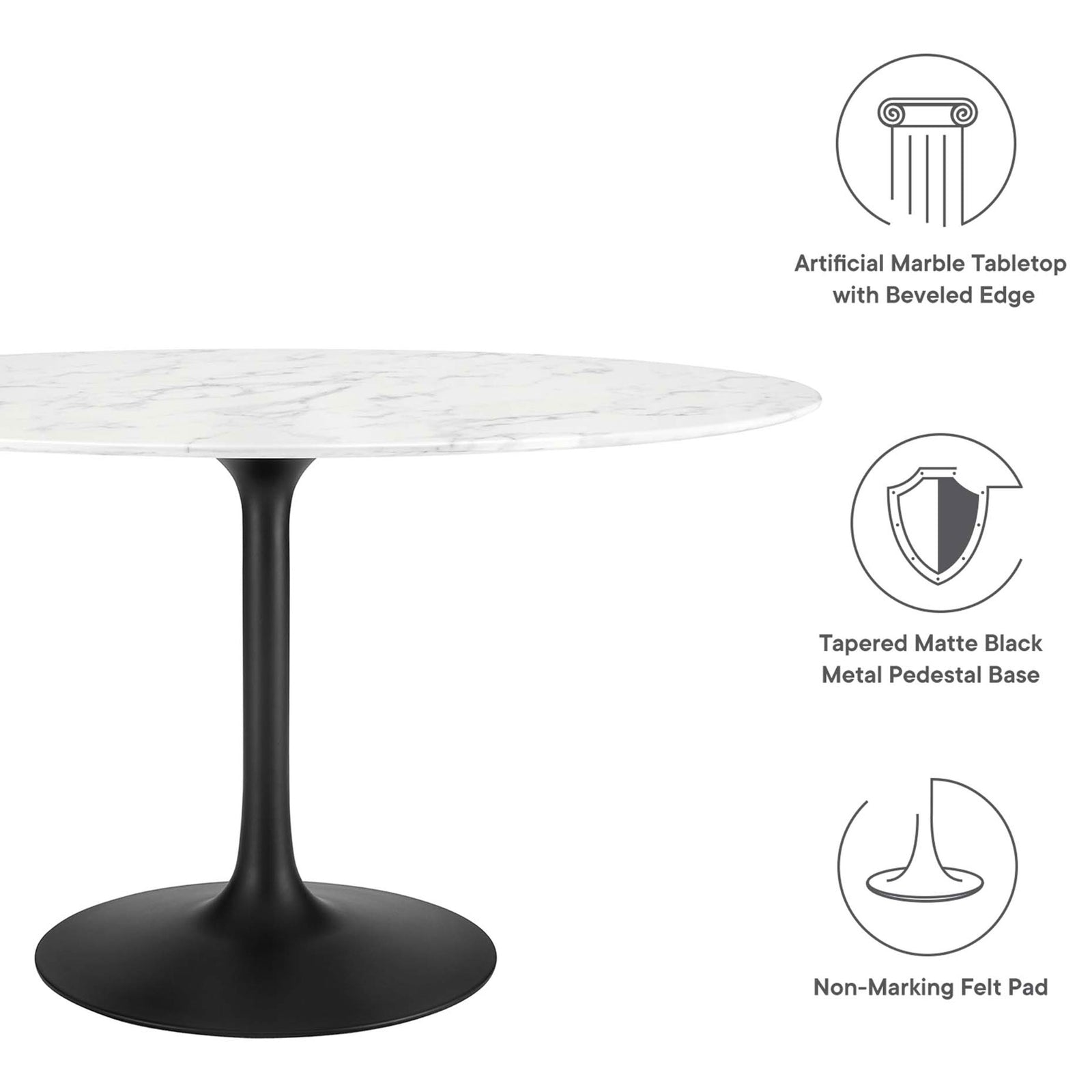 Lippa 54 inch dining table showcasing beveled faux marble top, tapered pedestal base, and protective felt pad || EEI-3530-BLK-WHI || callout_studio