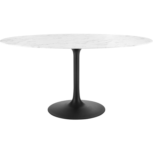 60 inch oval faux marble dining table with elongated white top and bold black pedestal base || EEI-3531-BLK-WHI || front_studio