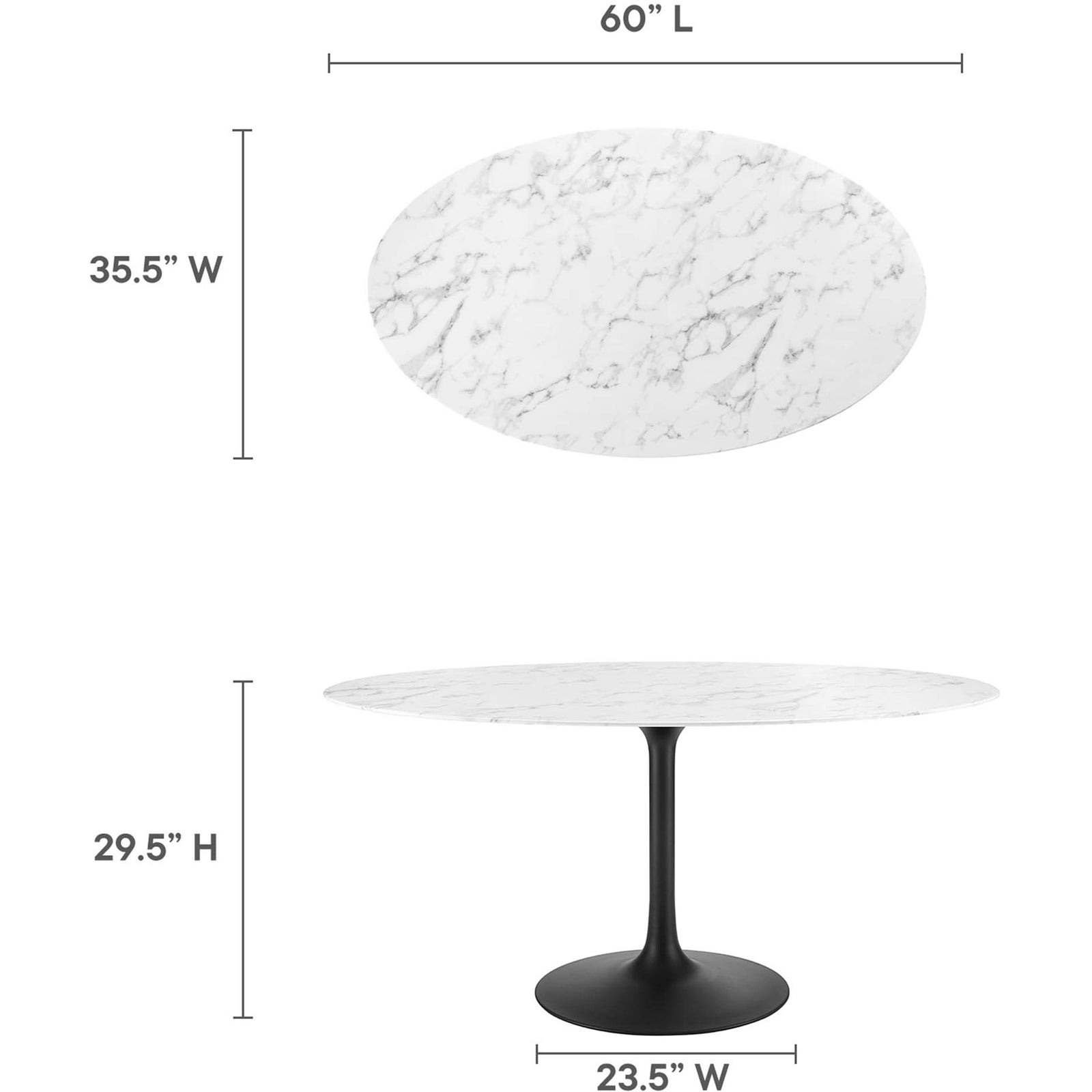 Dimensions of the Lippa 60 inch oval faux marble dining table with overall size clearly marked || EEI-3531-BLK-WHI || dimension_studio