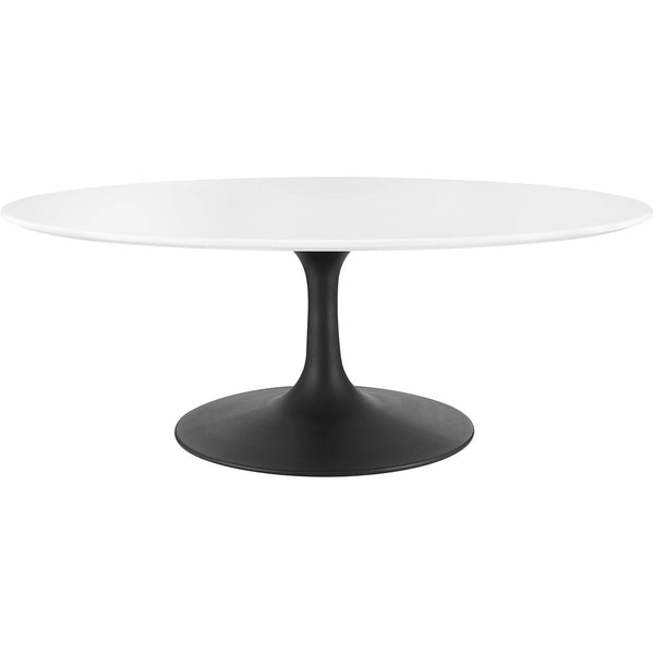 Sleek oval coffee table with a glossy white top and matte black pedestal base. || EEI-3533-BLK-WHI || front_studio