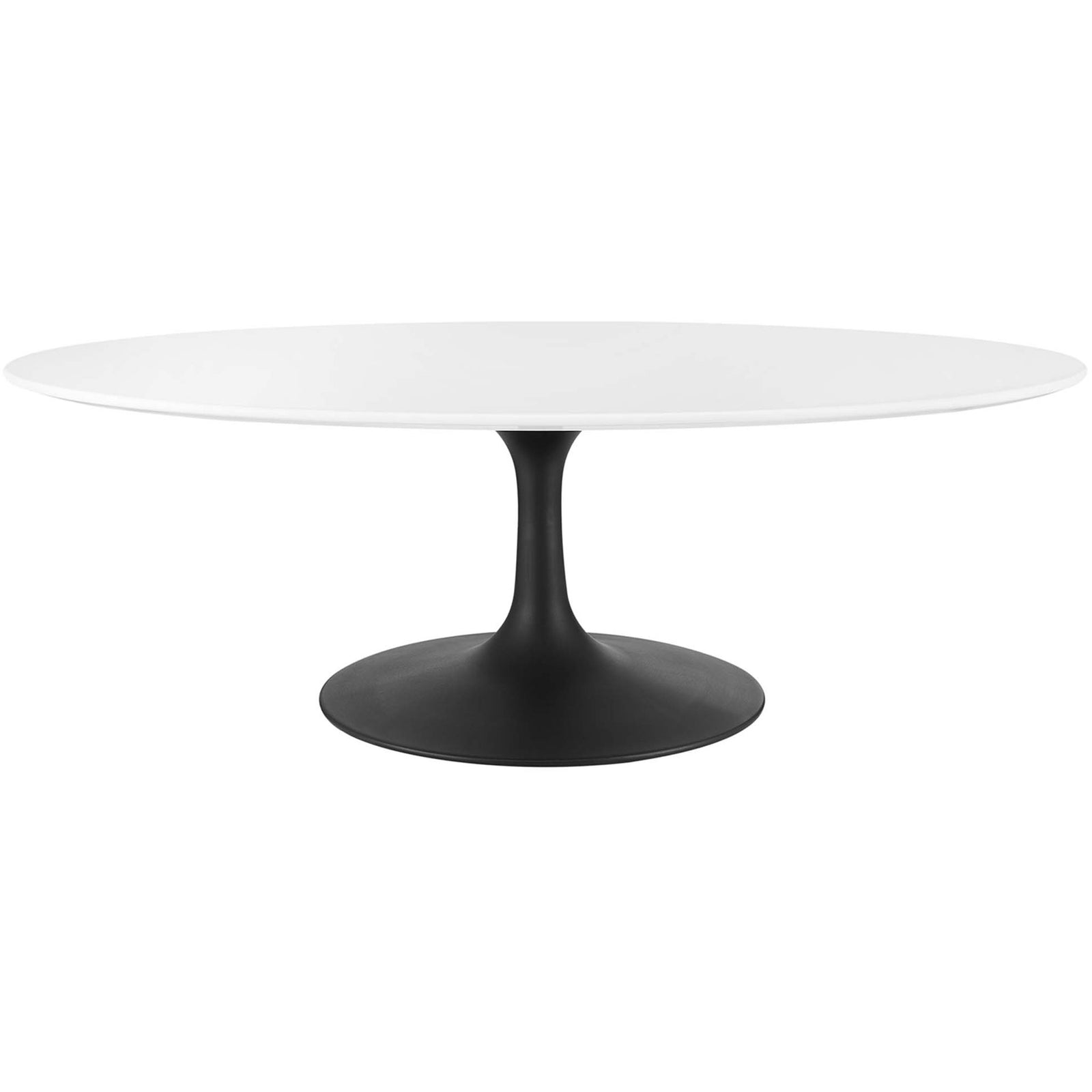 Expansive oval coffee table with a glossy white top and matte black pedestal. || EEI-3536-BLK-WHI || front_studio