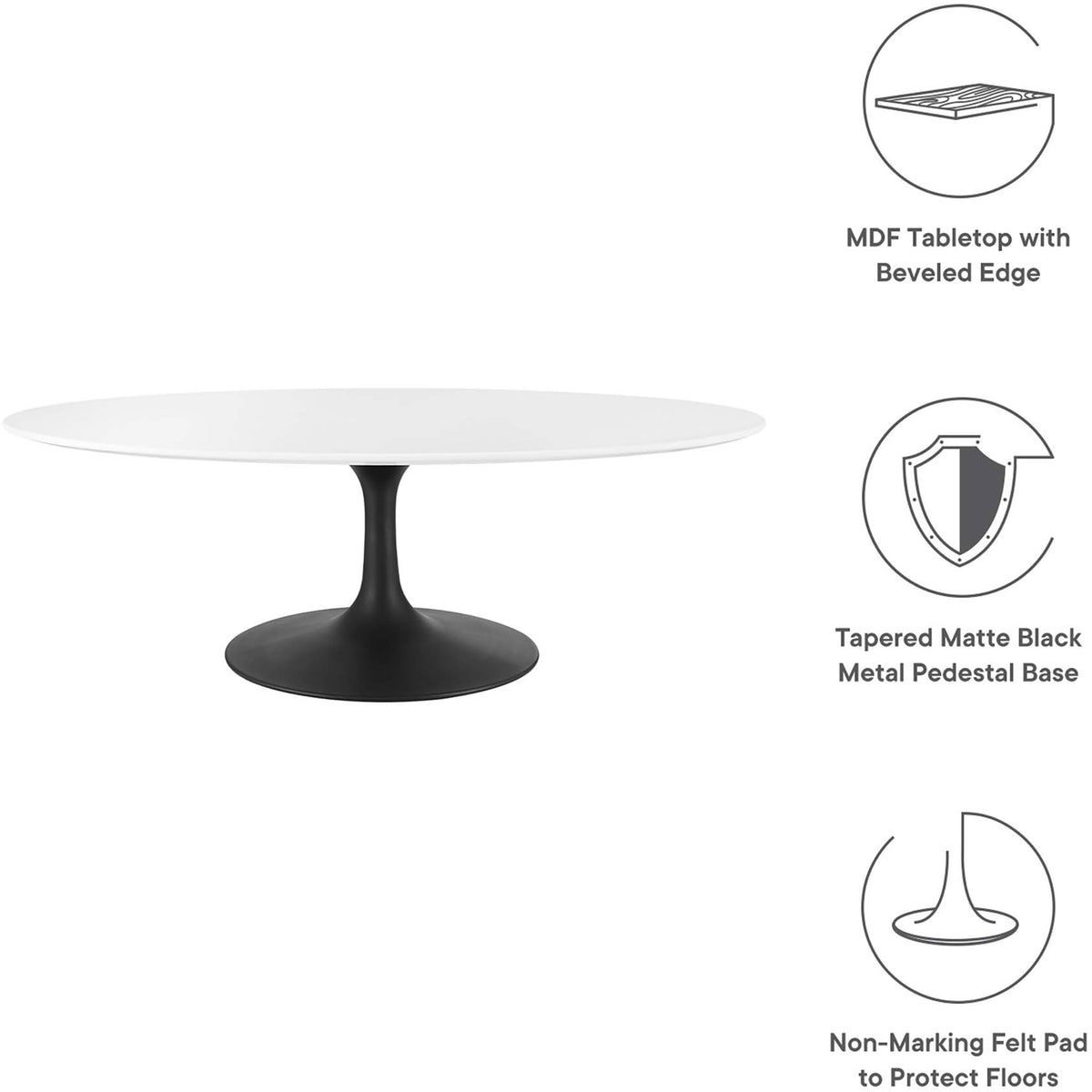 Contemporary design highlights: glossy MDF top, beveled edge, durable pedestal base. || EEI-3536-BLK-WHI || callout_studio