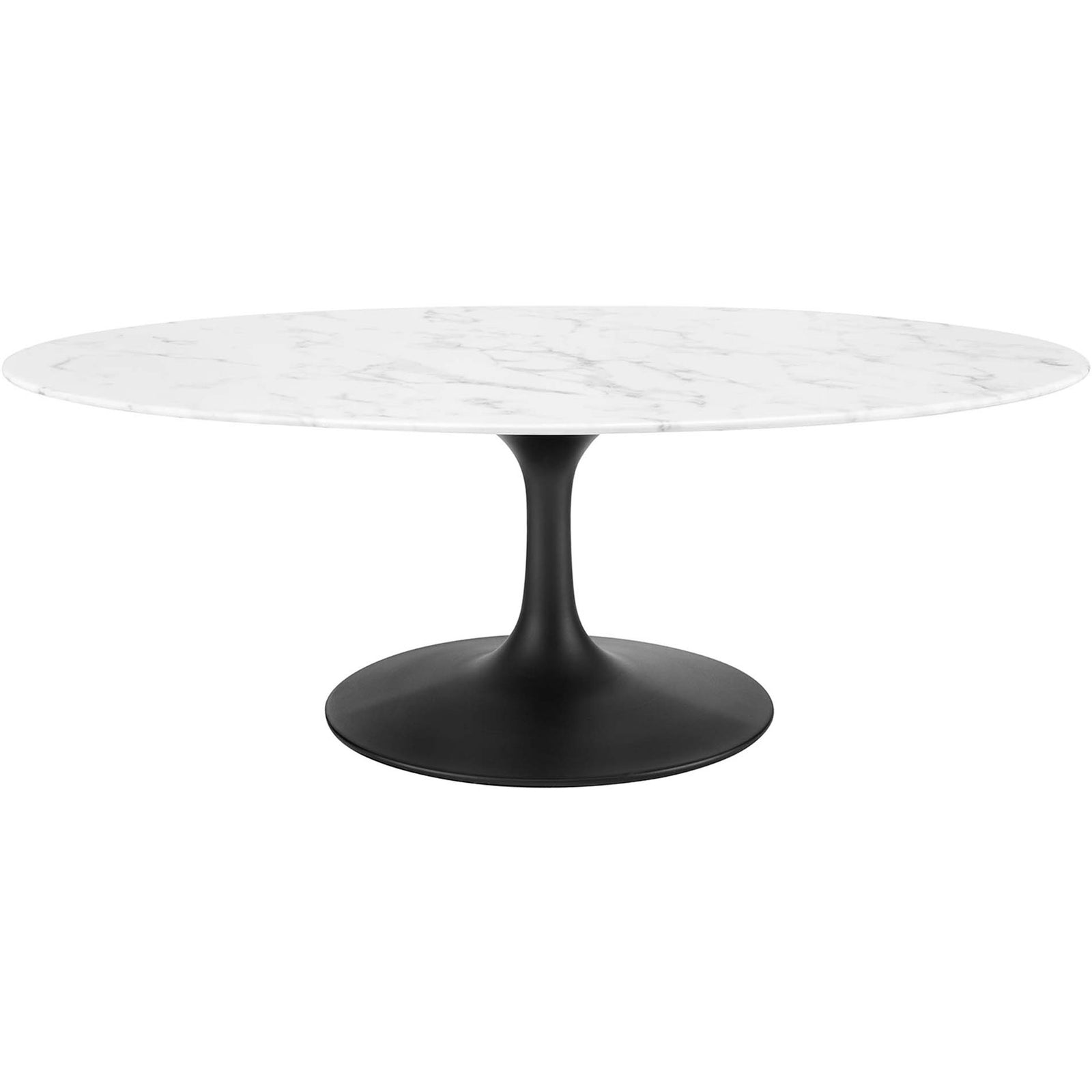 Oval faux marble coffee table with sleek black pedestal base and timeless mid-century silhouette || EEI-3537-BLK-WHI || front_studio