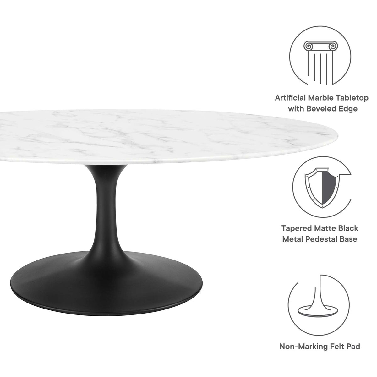 Artificial marble tabletop, matte black pedestal base, and non-marking floor pads || EEI-3537-BLK-WHI || callout_studio