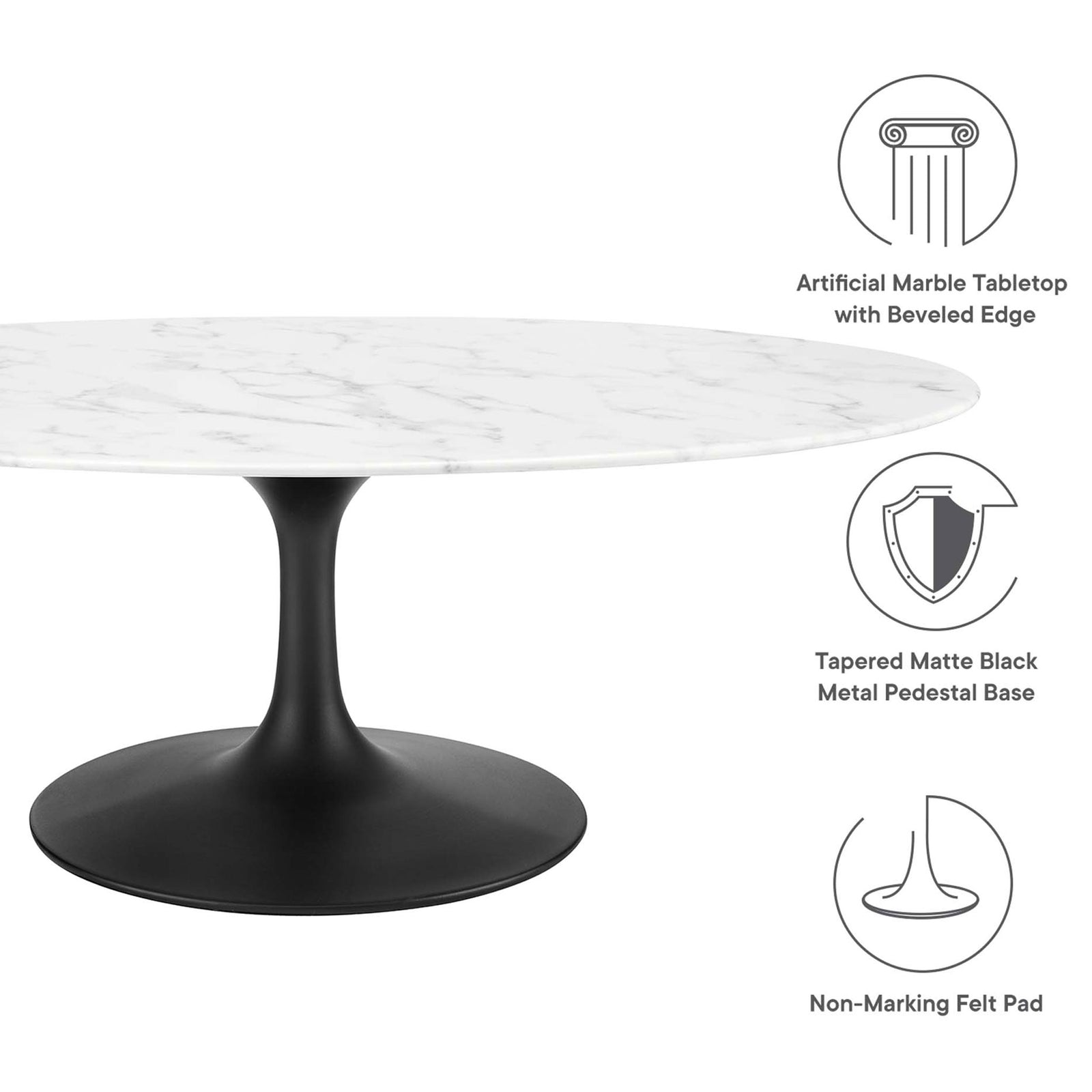Artificial marble tabletop, matte black pedestal base, and non-marking floor pads || EEI-3537-BLK-WHI || callout_studio