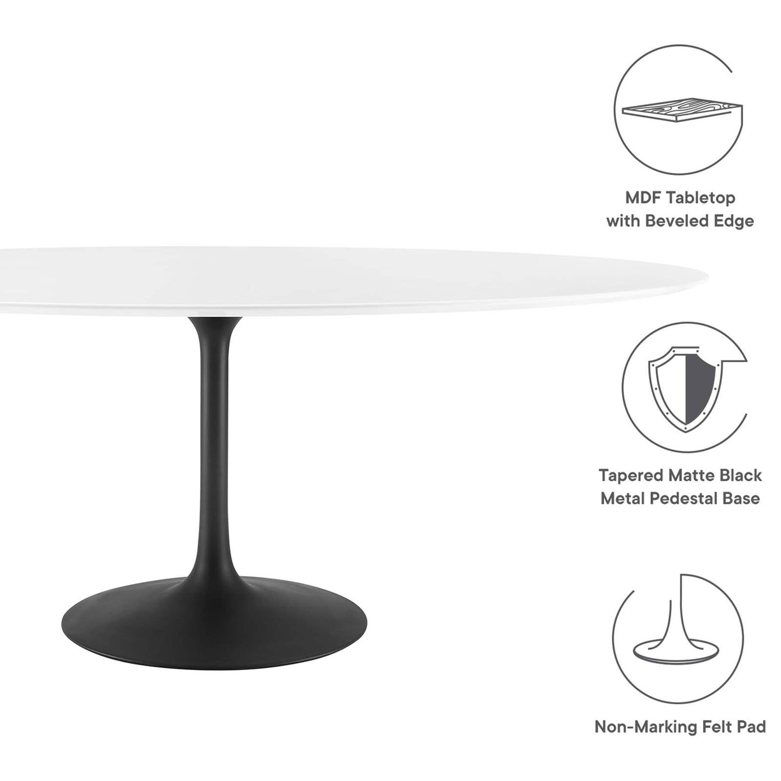 Feature graphic emphasizing MDF beveled top, matte black pedestal base, and protective felt pad || EEI-3540-BLK-WHI || callout_studio