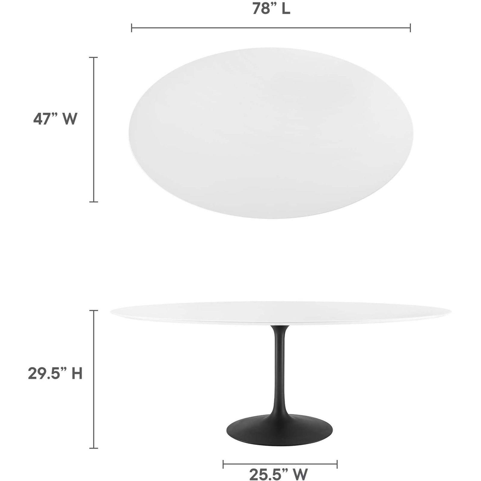 Size guide showing 78 inch oval dining table with 47 inch width, 29.5 inch height, and 25.5 inch base || EEI-3540-BLK-WHI || dimension_studio