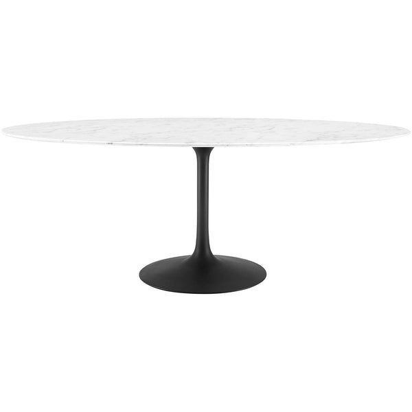 78 inch oval faux marble dining table with extra long white top and slender black pedestal base || EEI-3542-BLK-WHI || front_studio