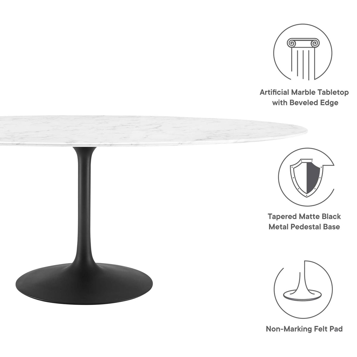 Lippa 78 inch dining table featuring beveled faux marble top, tapered pedestal base, and non marking felt pad || EEI-3542-BLK-WHI || callout_studio