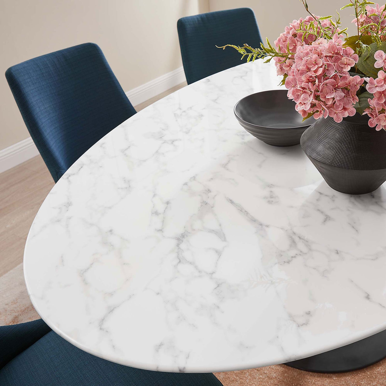 Polished faux marble surface of the Lippa 78 inch table sets the stage for elegant dining decor || EEI-3542-BLK-WHI || detail_room