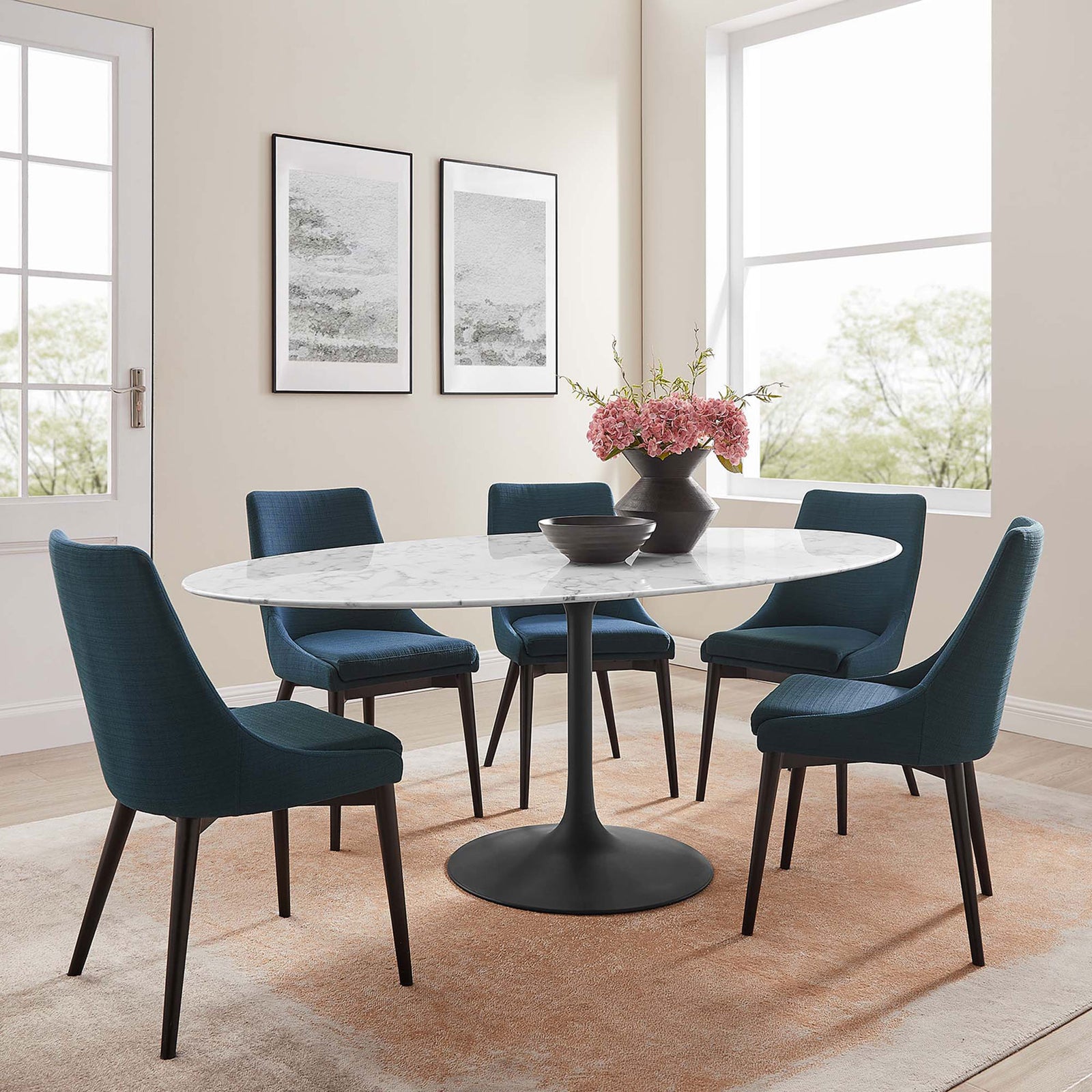 Lippa 78 inch oval faux marble dining table with black pedestal base styled in a spacious modern dining room || EEI-3542-BLK-WHI || front_angle_room