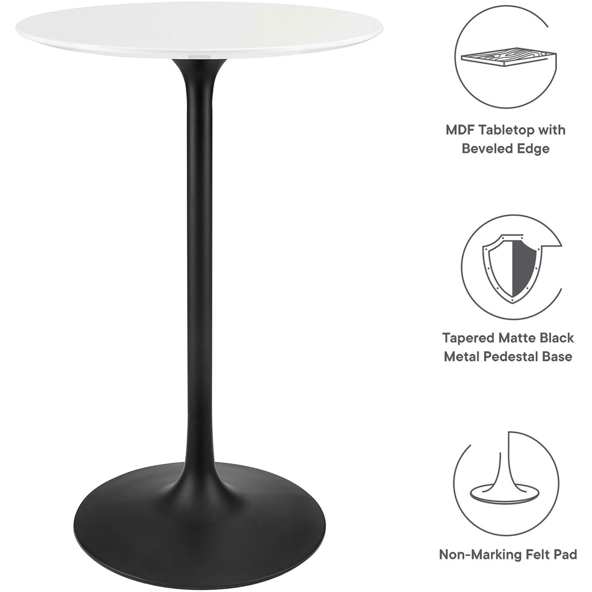 Key features highlighted: beveled MDF top, matte black pedestal base, and floor-friendly felt pad || EEI-3545-BLK-WHI || callout_studio