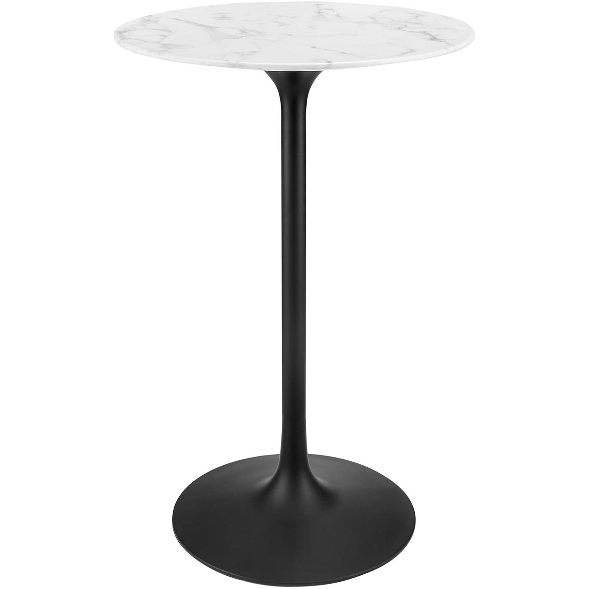 Sleek pedestal bar table with 28" round faux marble top and matte black tulip base || EEI-3547-BLK-WHI || front_studio