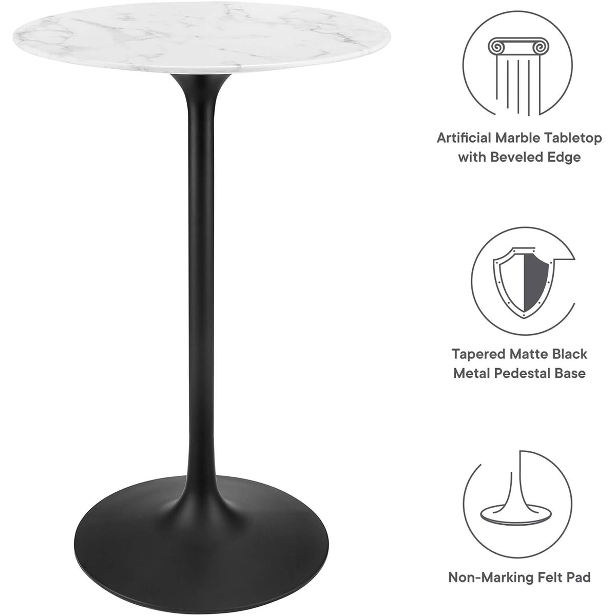 Artificial marble top, tapered black pedestal, and floor-safe felt pad || EEI-3547-BLK-WHI || callout_studio
