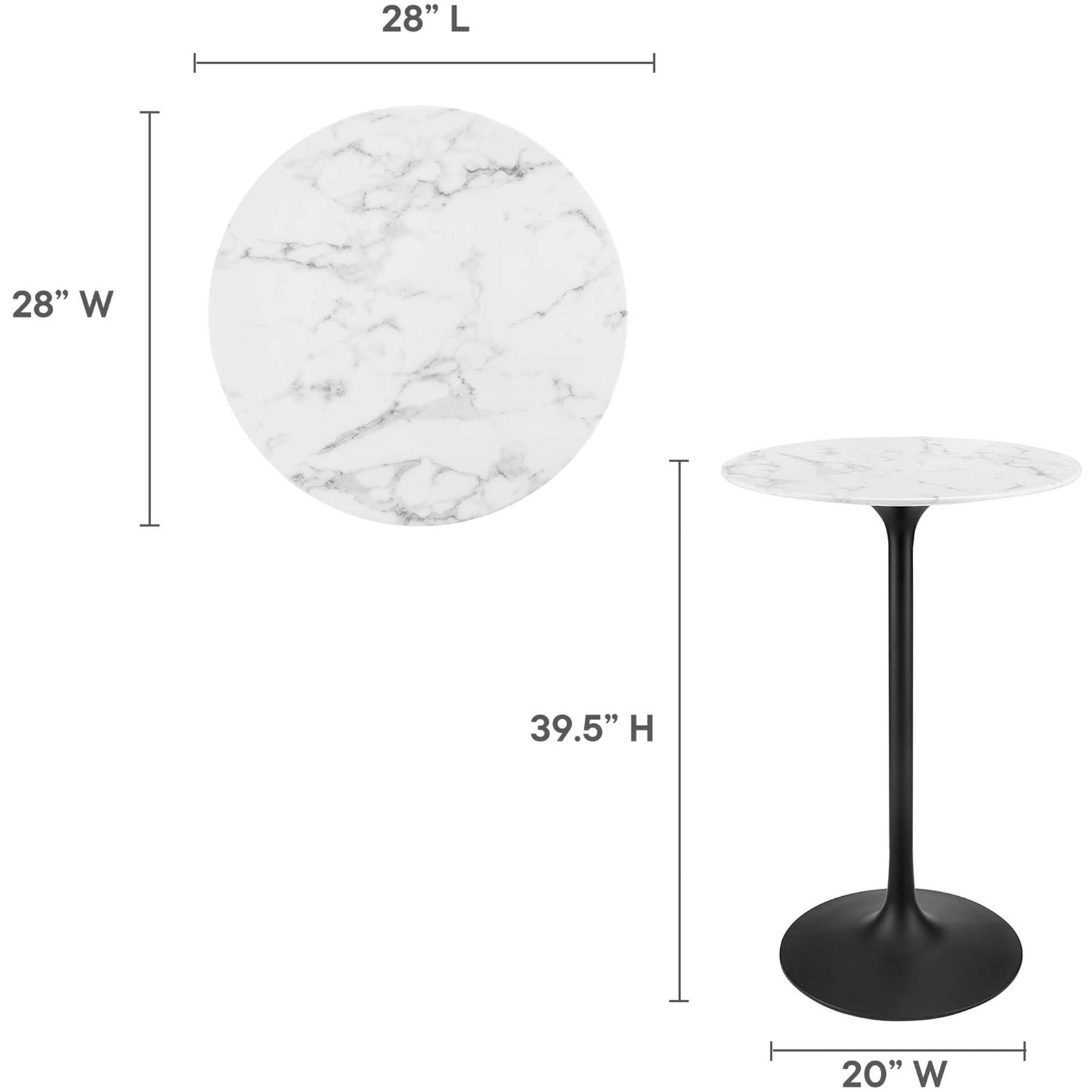 Sized at 28" round and 39.5" high for compact bar spaces || EEI-3547-BLK-WHI || dimension_studio