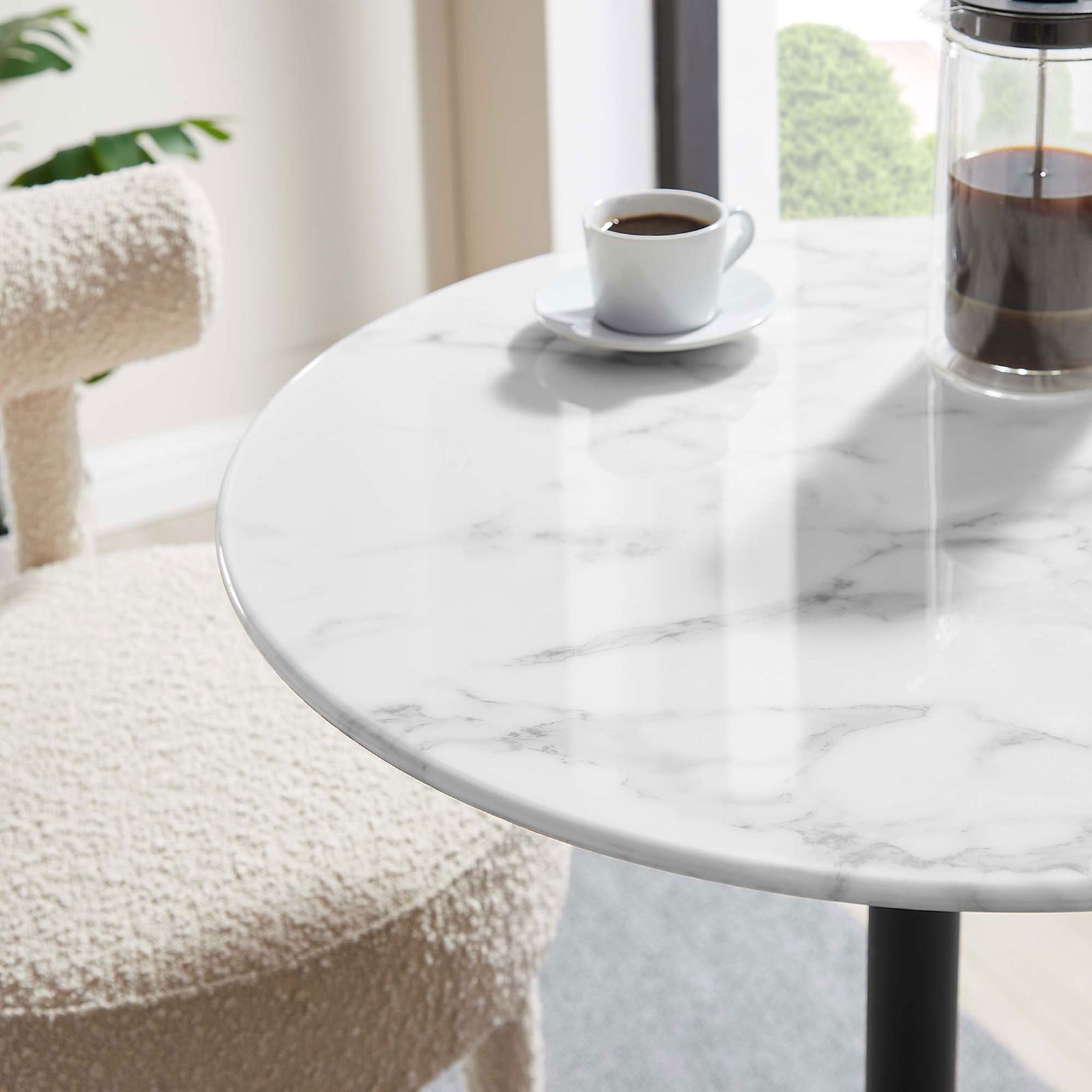 Glossy faux marble tabletop adds a refined touch to bar-height gatherings || EEI-3547-BLK-WHI || detail_room