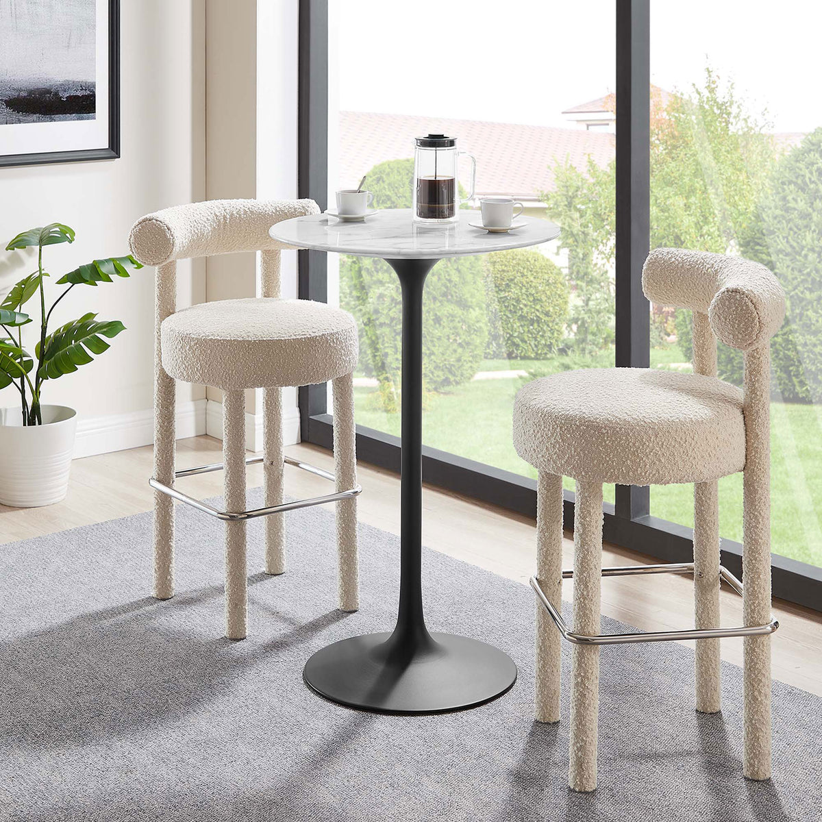 Modern 28" round bar table anchors a cozy nook with its sleek tulip base || EEI-3547-BLK-WHI || front_room